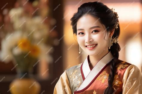 Premium Photo Korean Lady In Hanbok Dress Costume Smile In An Ancient