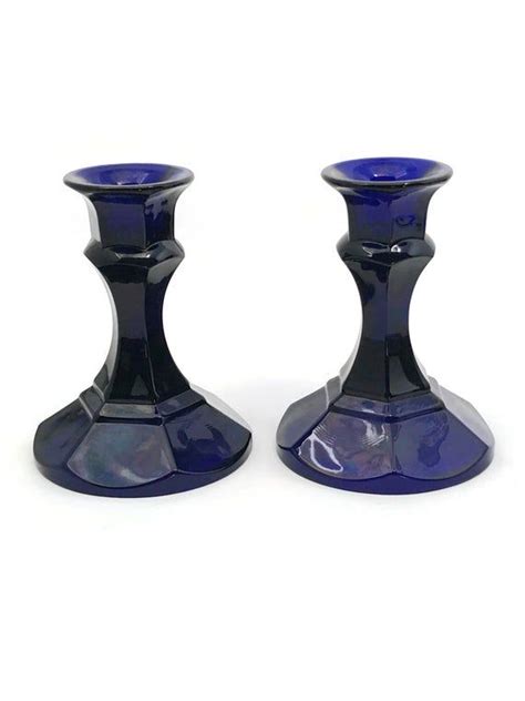 Vintage Pressed Glass Cobalt Blue Candle Holder Set Etsy Blue Candle Holders Vintage