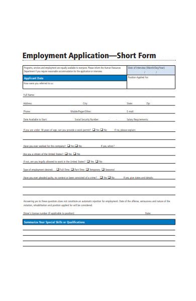 Employment Application Short Form Printable Printable Forms Free Online