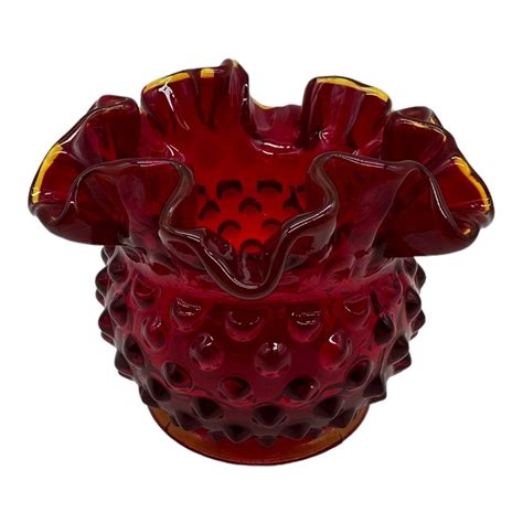 Vtg Fenton Ruby Red Bowl Vase 3 Tall Hobnail Orange Crest Ruffled
