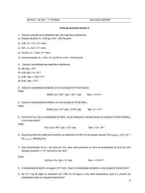 Ficha-exercicio 3 Solubilidade | Solubilidade | Solução