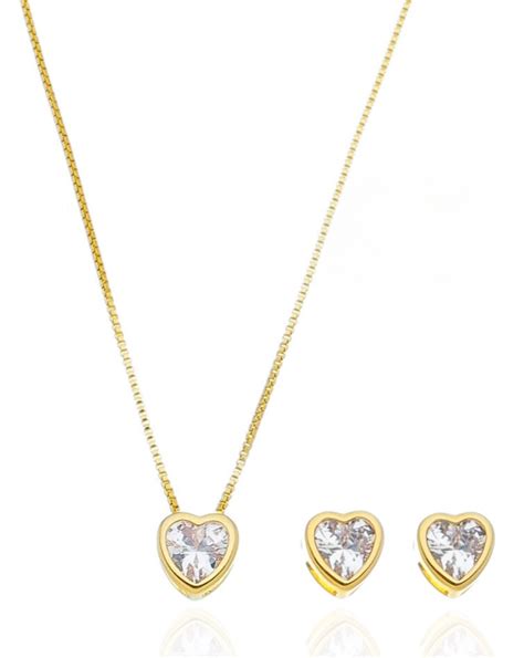 Conjunto Colar E Brinco Ouro 18k - Conjunto de Brinco e Colar de Coração Ponto de Luz Zircônia Banhado a ...