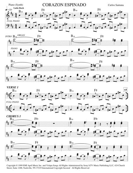 Corazon Espinado arr Jorge Juárez by Santana Sheet Music for Piano