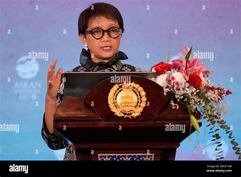 Indonesian Foreign Minister Retno Marsudi Gestures During A Press