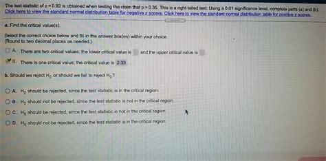 Solved The Test Statistic Of Z 0 92 Is Obtained When Chegg