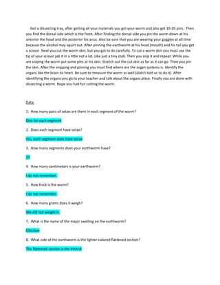 Earthworm dissection lab | PDF