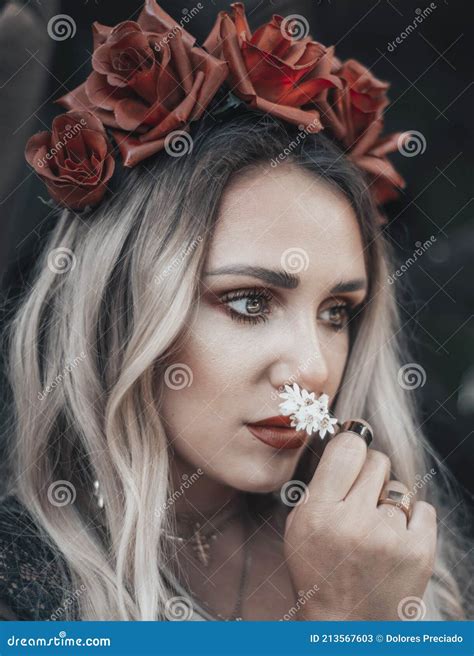 Beautiful Religious Woman With A Crown Made Of Roses And Crucifix Earrings Stock Image Image