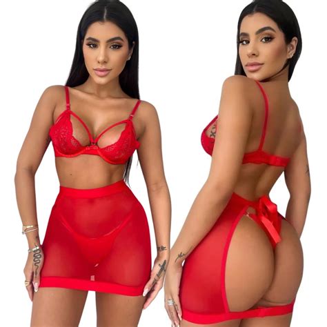 Conjunto Lingerie Sexy Feminino Trio Peças Saia Tule Sutiã Arco Calcinha Fio Shopee Brasil
