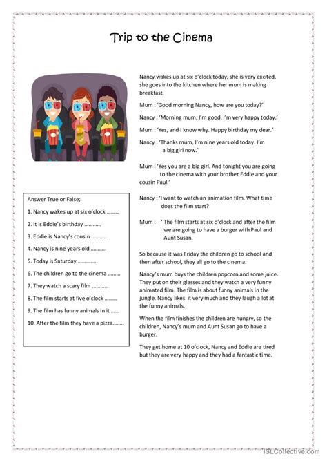 Trip To The Cinema Reading For Detai English Esl Worksheets Pdf And Doc