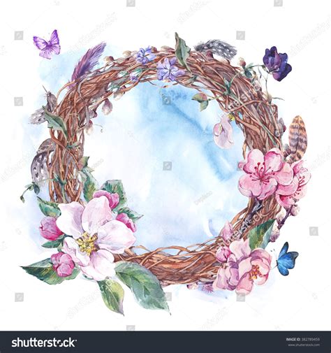 Watercolor Spring Wreath Pussy Willow Feathers Blooming Stock Illustration Shutterstock