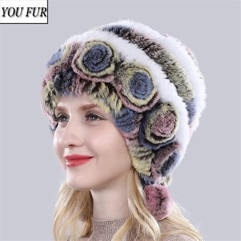 Russia Winter Women Natural Real Rex Rabbit Fur Hats Knitted Warm Real