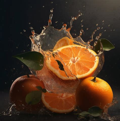 Premium Photo A Splash Of Water With Oranges And Green Leaves