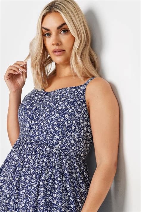 Yours Plus Size Navy Blue Ditsy Floral Print Strappy Sundress Yours