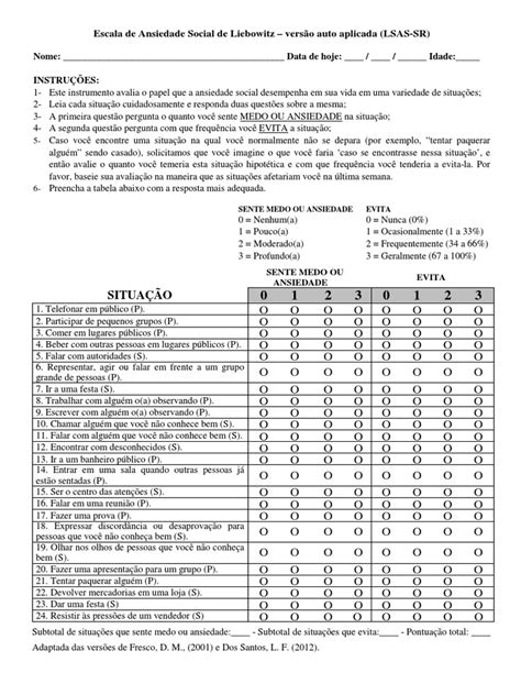 Lsas Sr Escala De Ansiedade Social De Liebowitz Auto Aplicada Pdf