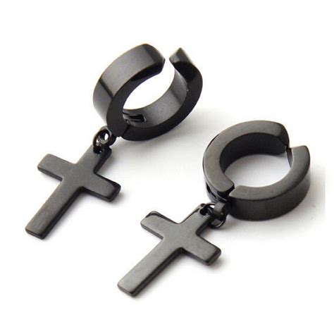 Men Women Stainless Steel Cross Dangle Hoop Clip On Earrings Non