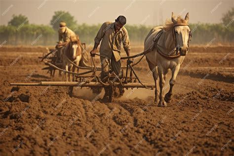 premium ai image  man plowing  field   horse  plow