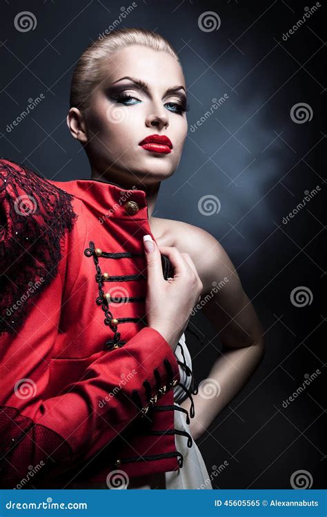 Erotic Blonde Beautiful Woman In Red With Red Lips Stock Image Image Of Fashionable Adult