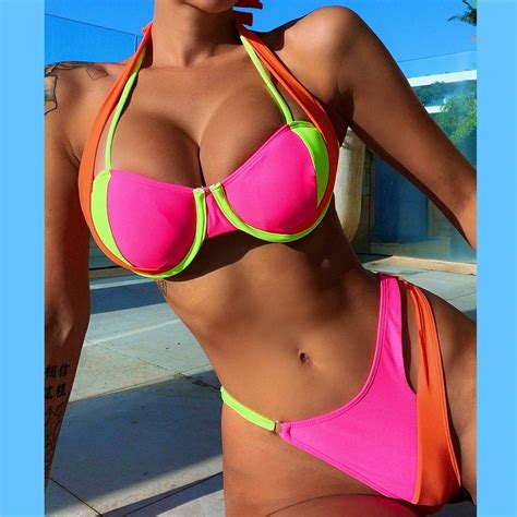 Bikini Con Cuello Halter Y Push Up Para Mujer Traje De Ba O Sexy Asim Trico