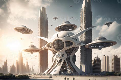 Fantasy city of the future. Futuristic world. Flying drones. . 21984523