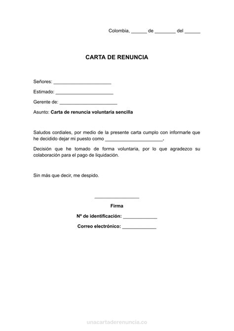 Carta De Renuncia Voluntaria Sencilla Ejemplos