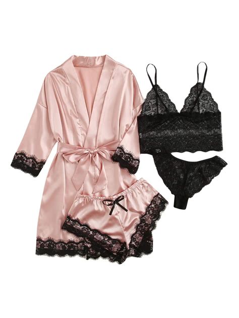 WDIRARA Women Silk Satin Pajamas Set 4pcs Lingerie Floral Lace Cami Sleepwear With Robe Pink L