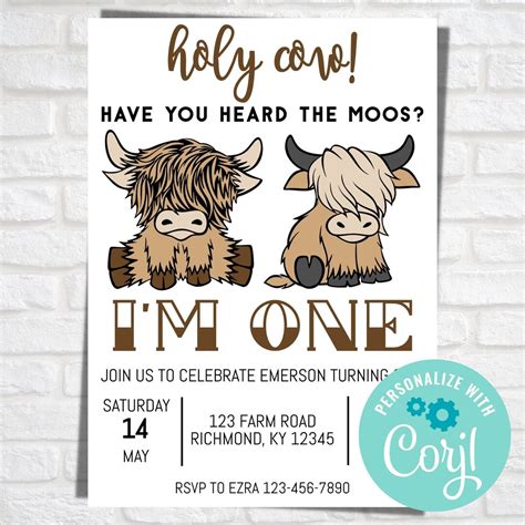 Holy Cow Im One Holy Cow Birthday Invitation Highland Etsy