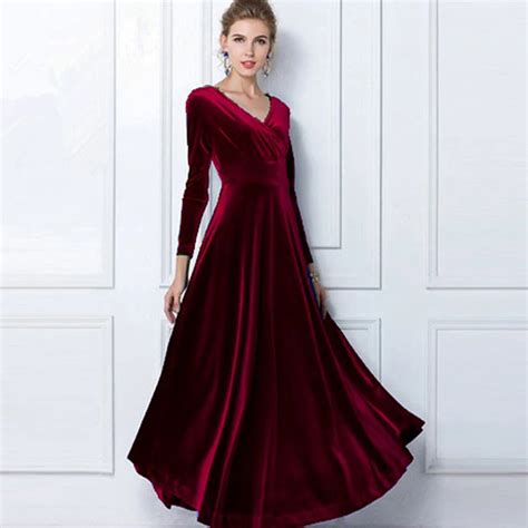 Gold Velvet Ball Gown V Neck Women S Maxi Dress Long Sleeve Elegant