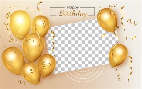 Birthday Frame With Realistic Golden Balloon Set With Golden Confitty Style