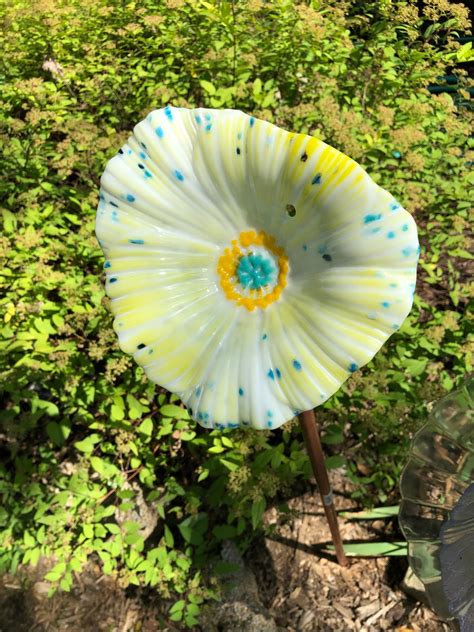 Fused Glass 3D Flower Head White Blue Yellow Poppy Handmade Flower