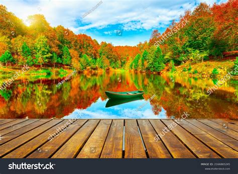 beautiful lake view colorful autumn season stock photo