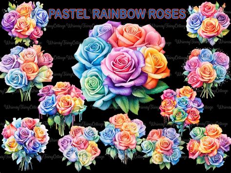 12 Watercolor Pastel Rainbow Rose Bouquet Clipart Sublimation Flowers