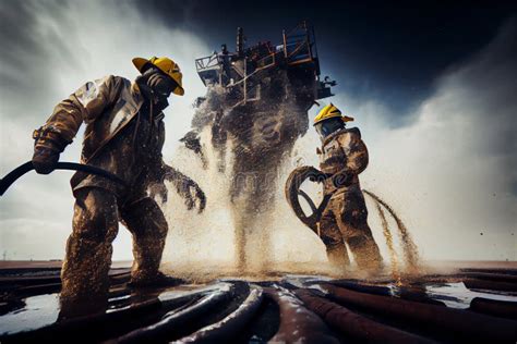 Hard Work on an Offshore Oil Rig. Men in Protective Uniforms in the Oil ...