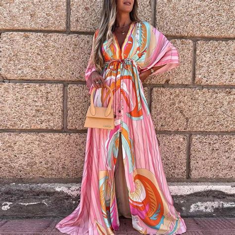 Bikini Cover Up Boho Print Long Dress Summer Women S Beachwear Swimwear Cover Up Self Tie