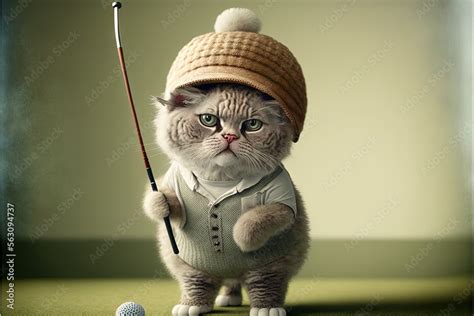 Cute Cat Playing Golf Illustration Animal Sport Icon Concept