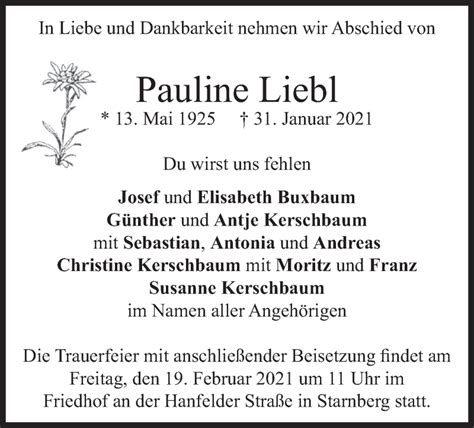 Traueranzeigen Von Pauline Liebl Trauer Merkur De