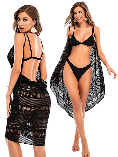Sayfut Swim Cover Ups Plus Size Strap Bikini Swimsuit Beach Backless Lace Wrap Dress