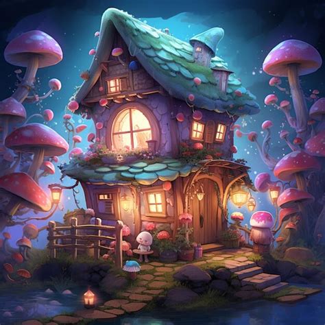 Premium AI Image Cartoon Illustration Of A Fairy House With A Pond