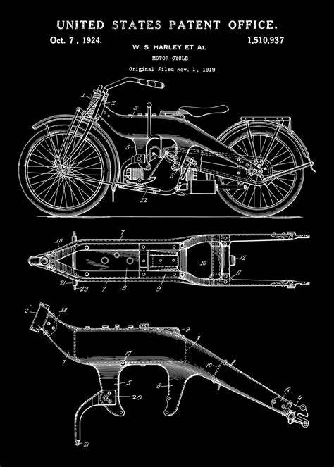 Wall Art Print Vintage Harley Davidson Motorcycle Patent From