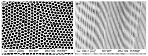 SEM LEO1530VP Graphs Of The AAO Membranes A Top View B Cross