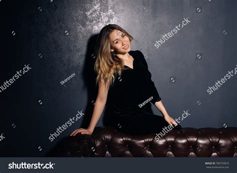 Stylish Blonde Girl Black Dress Posing Stock Photo Shutterstock