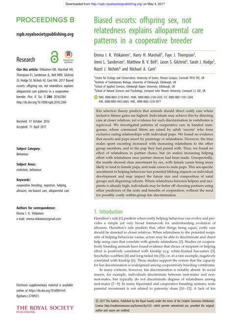 Pdf Biased Escorts Offspring Sex Not Relatedness Explains Alloparental Care Patterns In A