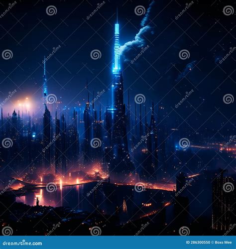 Futuristic City at Night. Futuristic Cityscape with Skyscrapers and ...