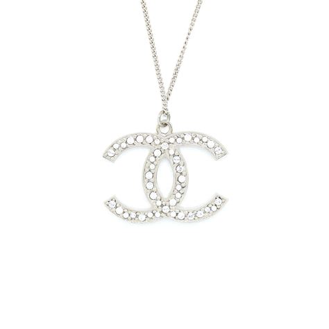 Chanel CC Logo Necklace Crystal Silver Tone