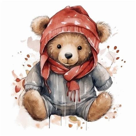 Premium Ai Image There Is A Teddy Bear Wearing A Red Hat And Scarf Generative Ai