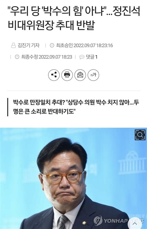 우리 당 박수의 힘 아냐정진석 비대위원장 추대 반발 정치시사 에펨코리아