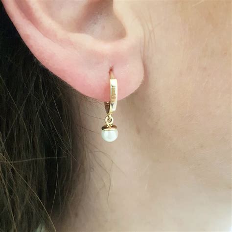 K Real Solid Gold Freshwater Cultured Pearl Dangle Drop Hoop Earrings