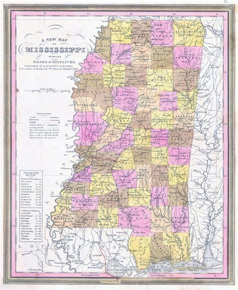 Large detailed old administrative map of Mississippi state – 1846