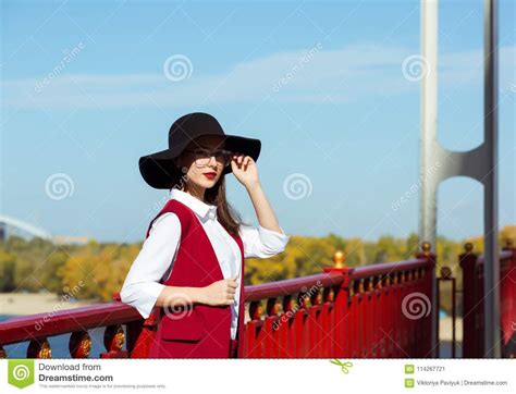 Romantic Brunette Model Wearing Red Costume Hat And Glasses Po Stock Image Image Of