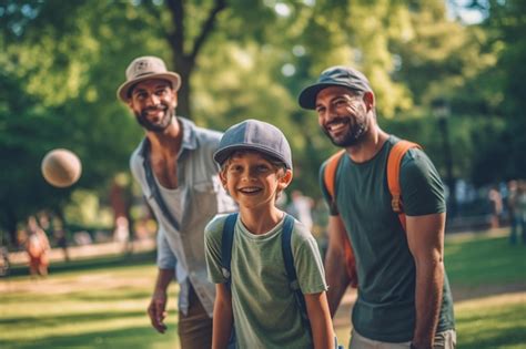 Casal gay masculino uma criança sorrindo brincando no parque garoto divertido dois pais