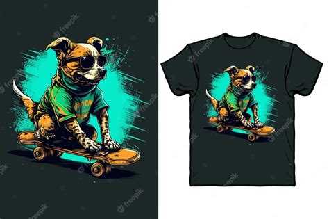 Premium Vector | T shirt design for a dog with a skateboard and headphones